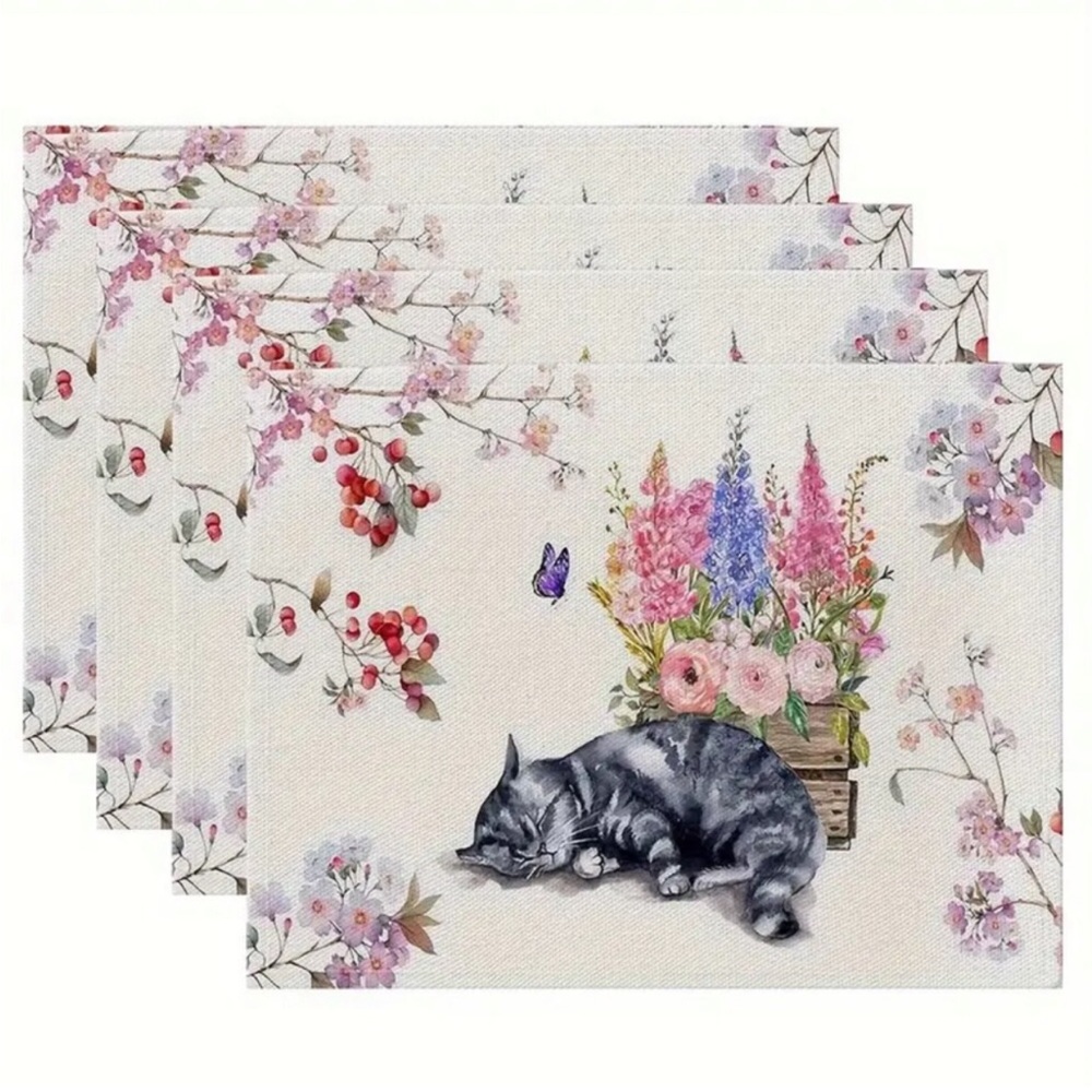 Floral Sleepy Tigger Cat Linen Placemats, Set of 4 - Picture 1 of 4